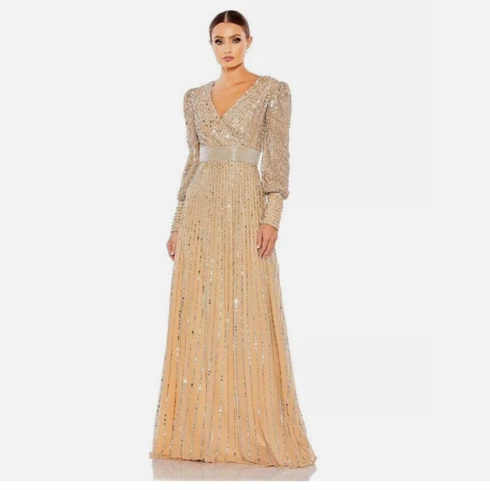 Mac Duggal 5720 Sequined Wrap Over Bishop Sleeve Gown Size 18